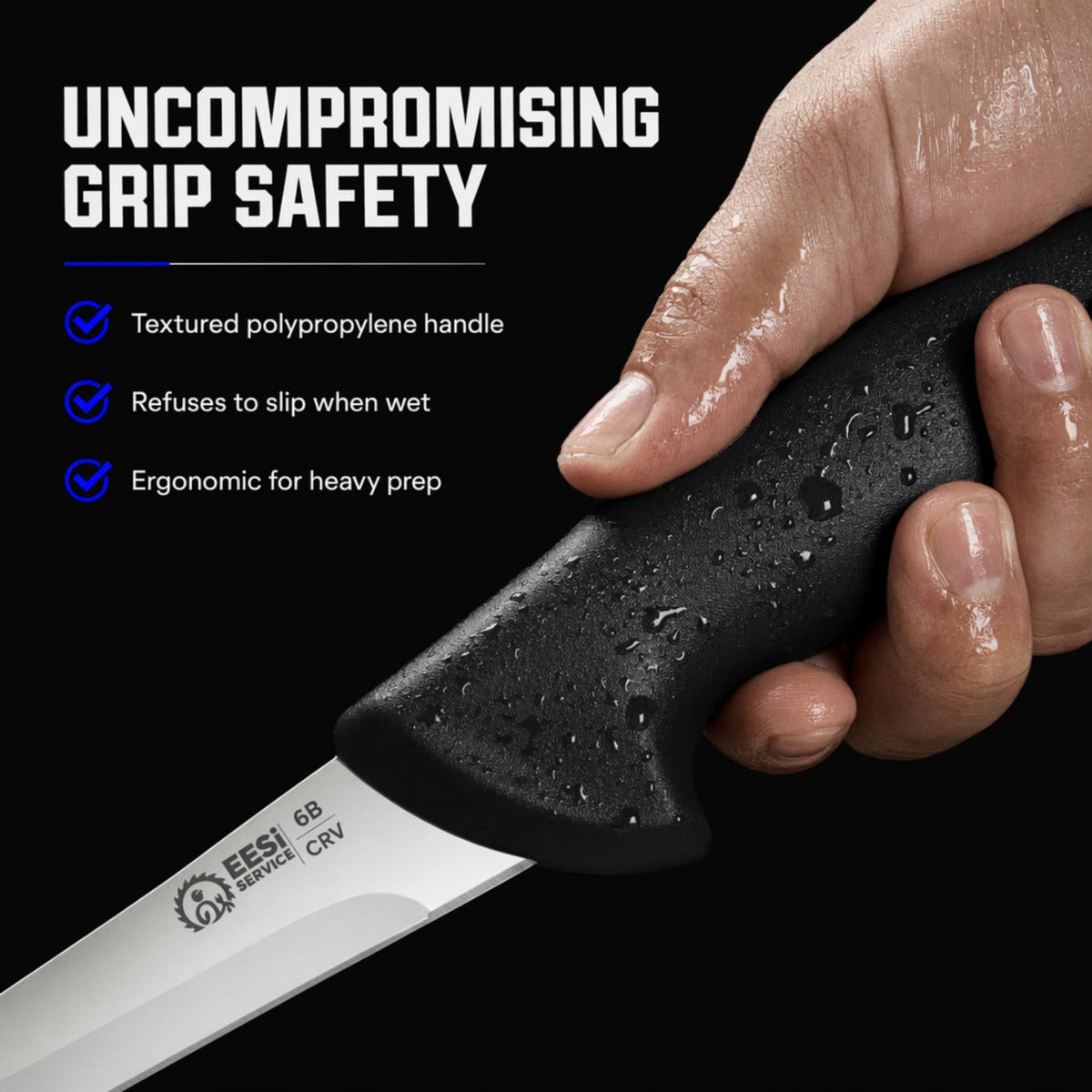 EESi 6" Curved Boning Knife – High Carbon Stainless Steel Blade - Grip Detail