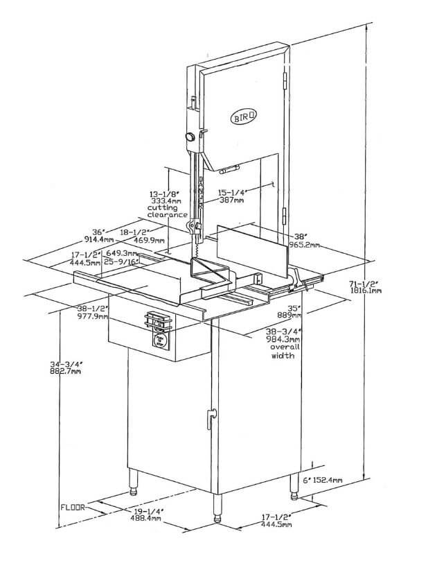 BIRO 3334SS Commercial Meat Band Saw Dimensions